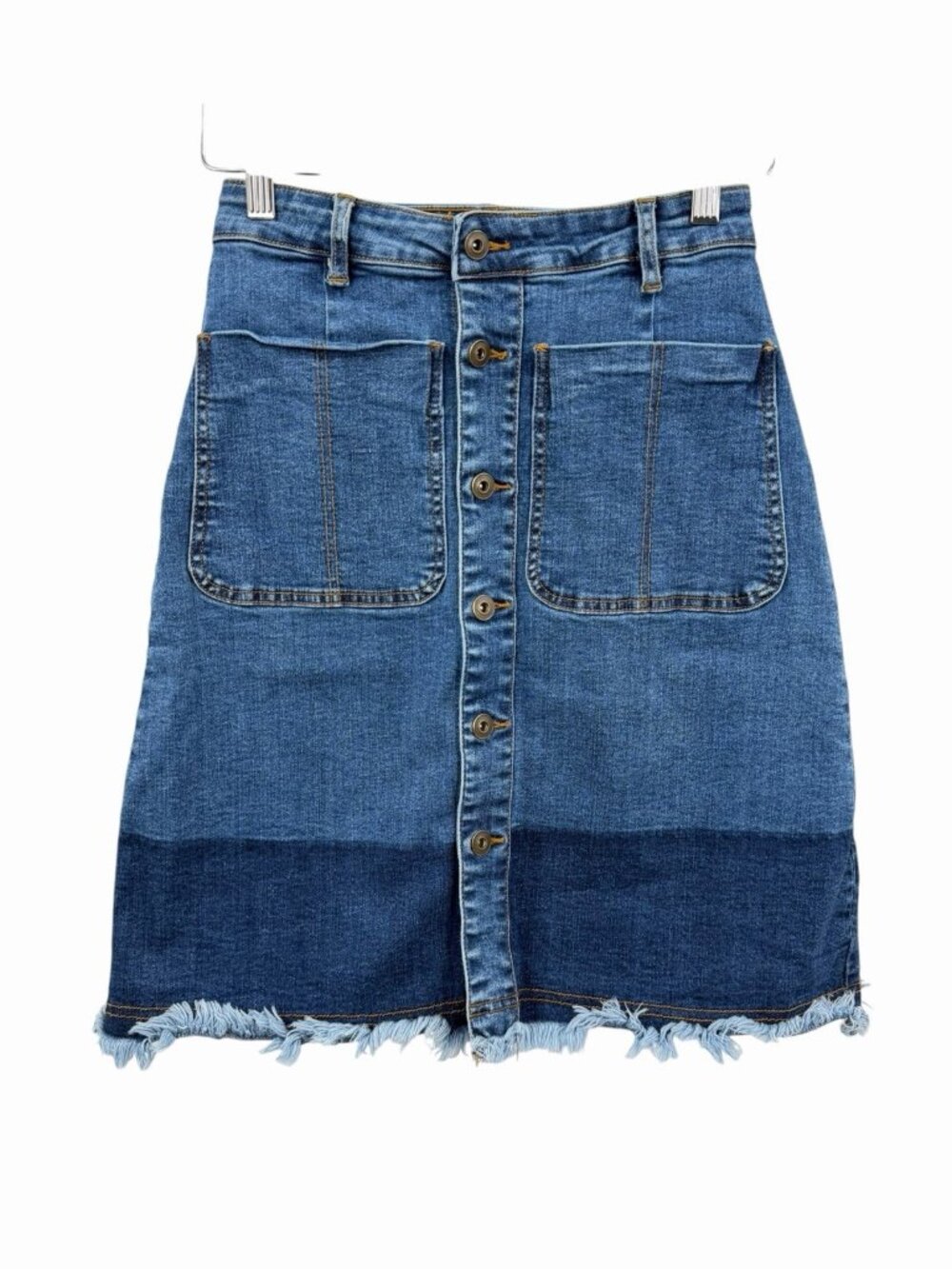 A LOVES A Women's Denim Raw Hem Button Front Drop Pocket Skirt Size 26